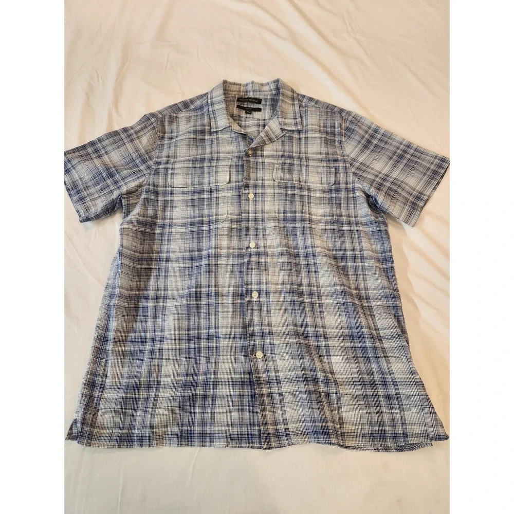 Banana Republic Mens L‎ Slim Fit Short Sleeve Plaid Button Down Shirt Blue Sheer
